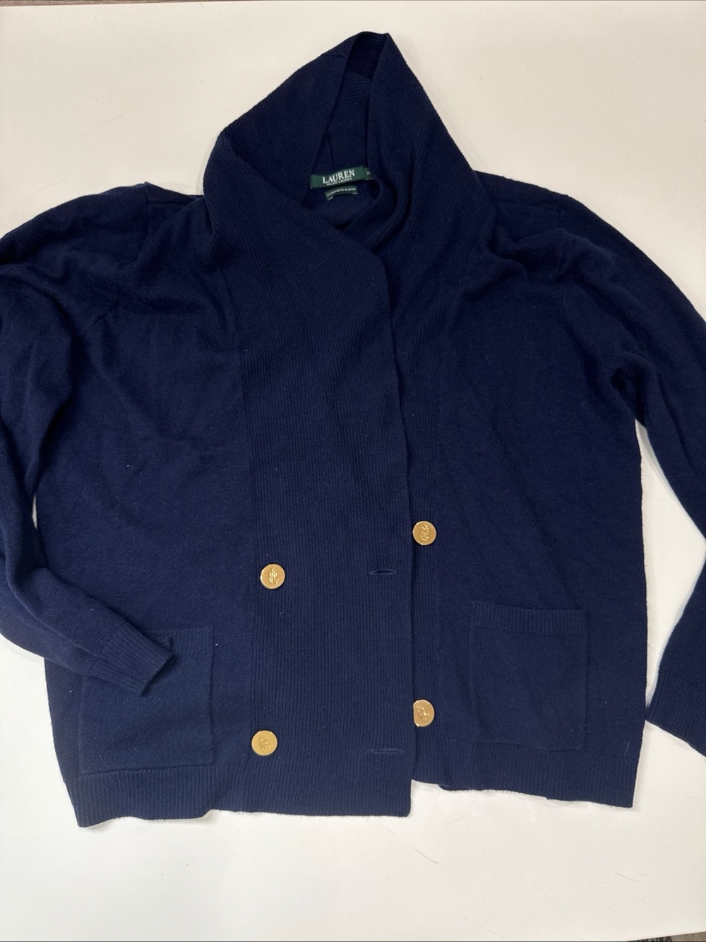 Ralph Lauren Double Breasted Cardigan Womens XL Navy Military Gold Crest Buttons